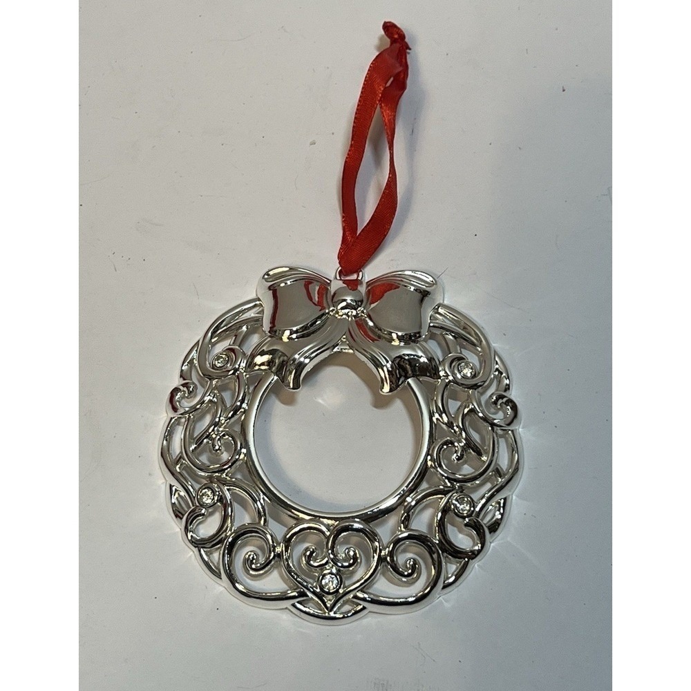 Lenox Silver Tone Ornament Wreath Heart Filigree Crystal 3in Christmas Decor